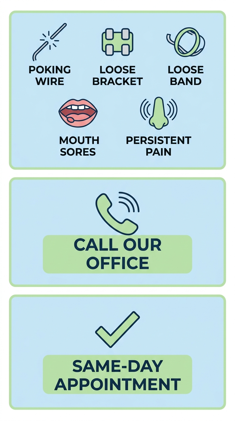 Vertical process flow diagram for orthodontic emergencies showing three stages: common emergencies, call our office, and same-day appointment.