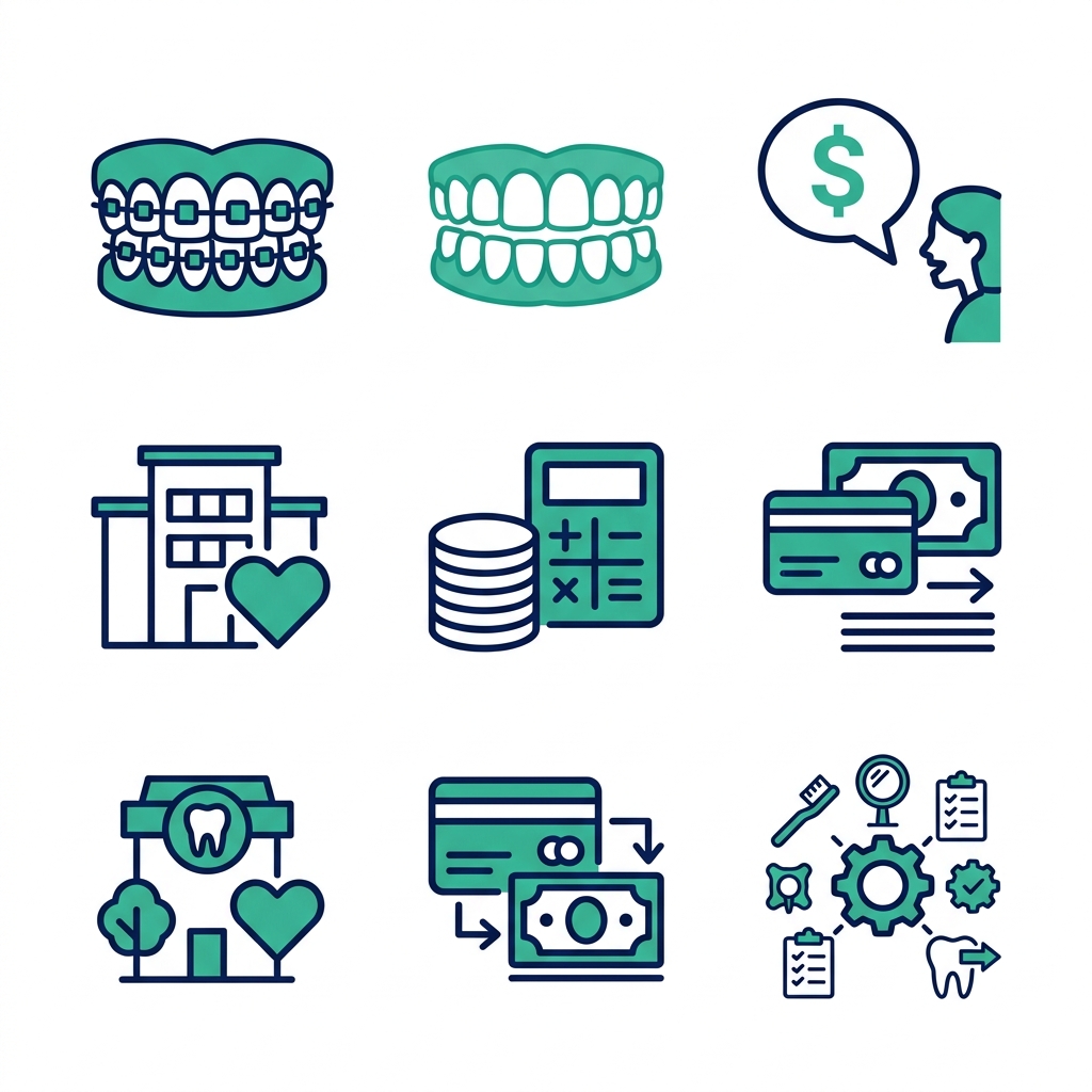 Six-icon grid showing on-site orthodontic care benefits including braces, aligners, consultation, in-house care, payment plans, and comprehensive services.