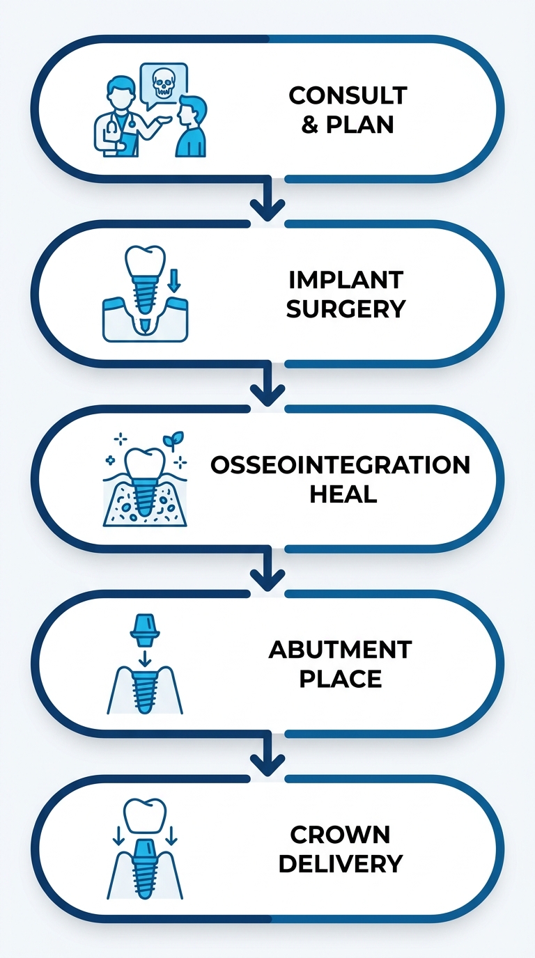 Proceso vertical de 5 etapas del implante dental: consulta y planificación, cirugía de colocación, cicatrización por osteointegración, colocación del pilar y colocación de la corona permanente