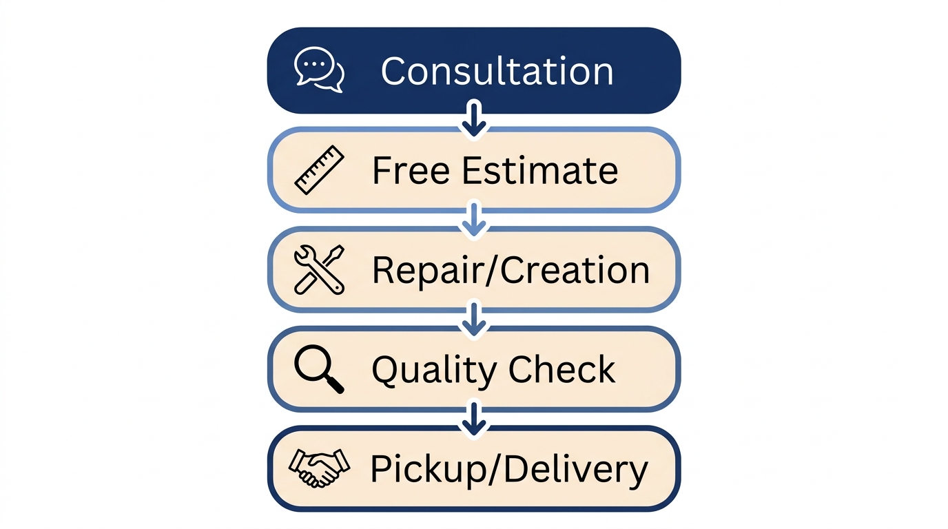 Vertical flow of five jewelry service steps: Consultation, Estimate, Creation, Quality Check, Delivery