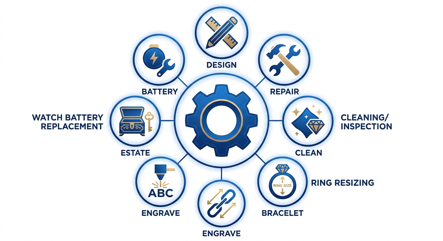 Infographic showing eight jewelry services: custom design, in-house repair, cleaning/inspection, ring resizing, bracelet resizing, engraving, estate jewelry, and watch battery replacement, arranged in a circle around a central gear icon with a blue and gold color scheme on a white background