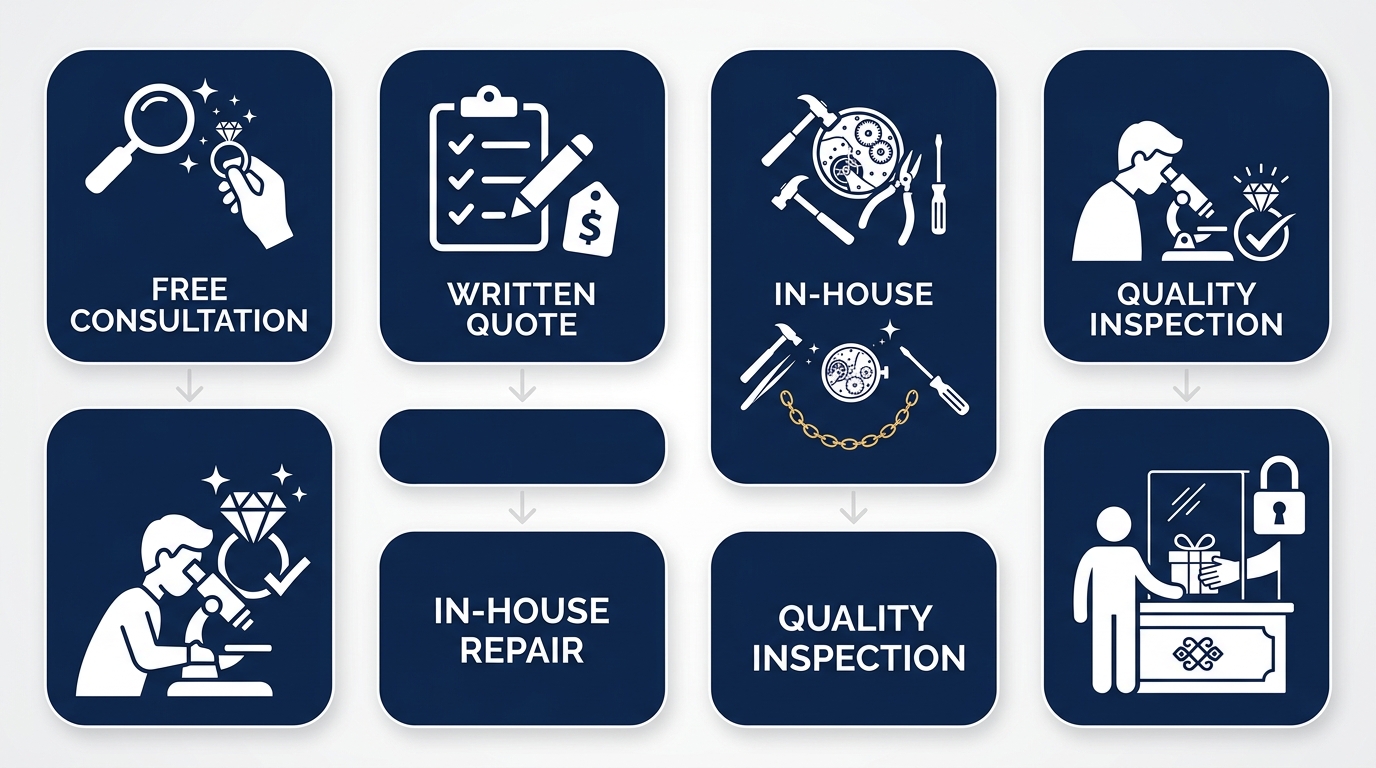 Vertical process flow of the 5-stage jewelry and watch repair journey at Georgetown Jewelry, starting with a free in-store consultation and ending with secure pickup.