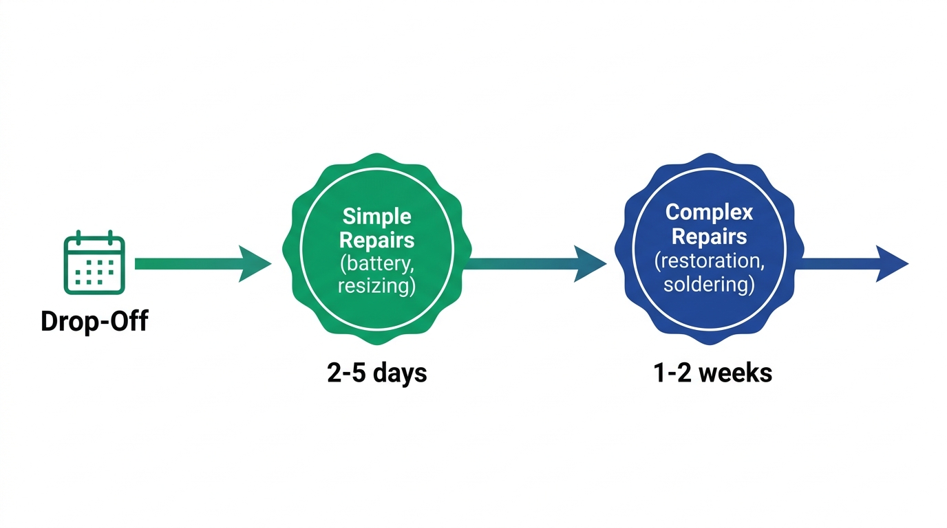Horizontal timeline showing typical jewelry repair turnaround with markers for drop-off, simple repairs at 2-5 days, and complex repairs at 1-2 weeks