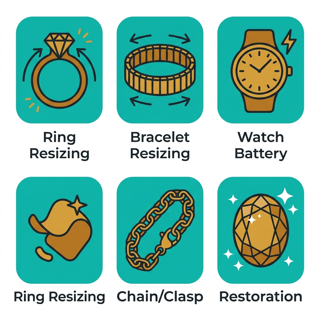 Icon set for ring resizing, bracelet resizing, watch battery replacement, chain and clasp replacement, and jewelry restoration