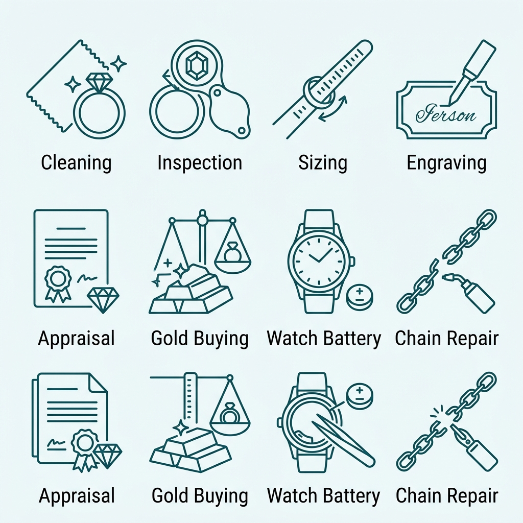 Grid of 8 outlined teal icons for jewelry care services: Cleaning, Inspection, Sizing, Engraving, Appraisal, Gold Buying, Watch Battery, Chain Repair, with dark gray labels beneath each icon.