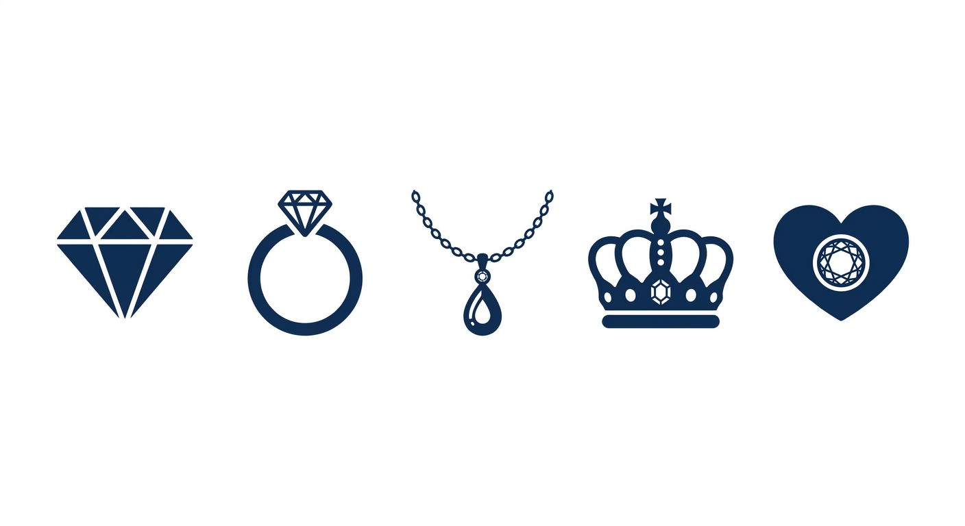Modern flat-style icon set in deep sapphire blue for a family-owned jewelry store