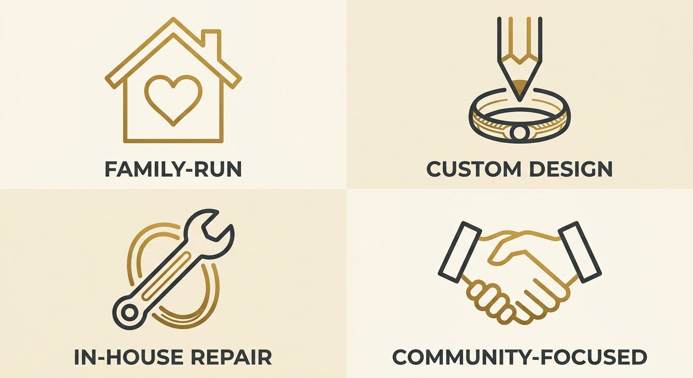 Grid of four line icons representing family-owned custom jewelry design, in-house repair, and community-focused service of Georgetown Jewelry in Georgetown, Texas.