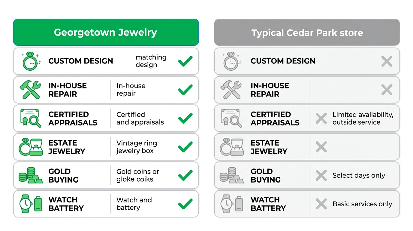 Side-by-side comparison of Georgetown Jewelry and Cedar Park jewelry stores across service categories