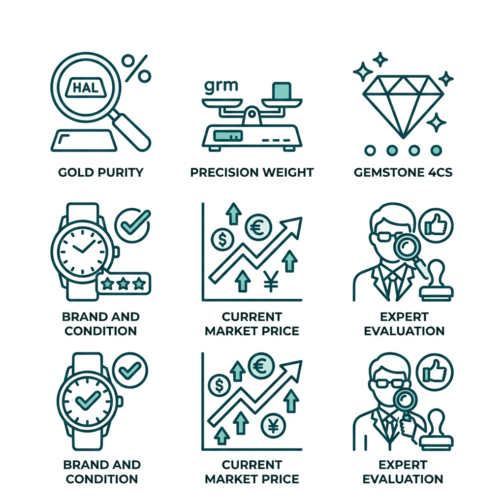 Two by three grid of outline icons representing cost and valuation factors for estate jewelry and gold, including gold purity, weight, gemstone 4Cs, brand condition, market price, and expert evaluation.