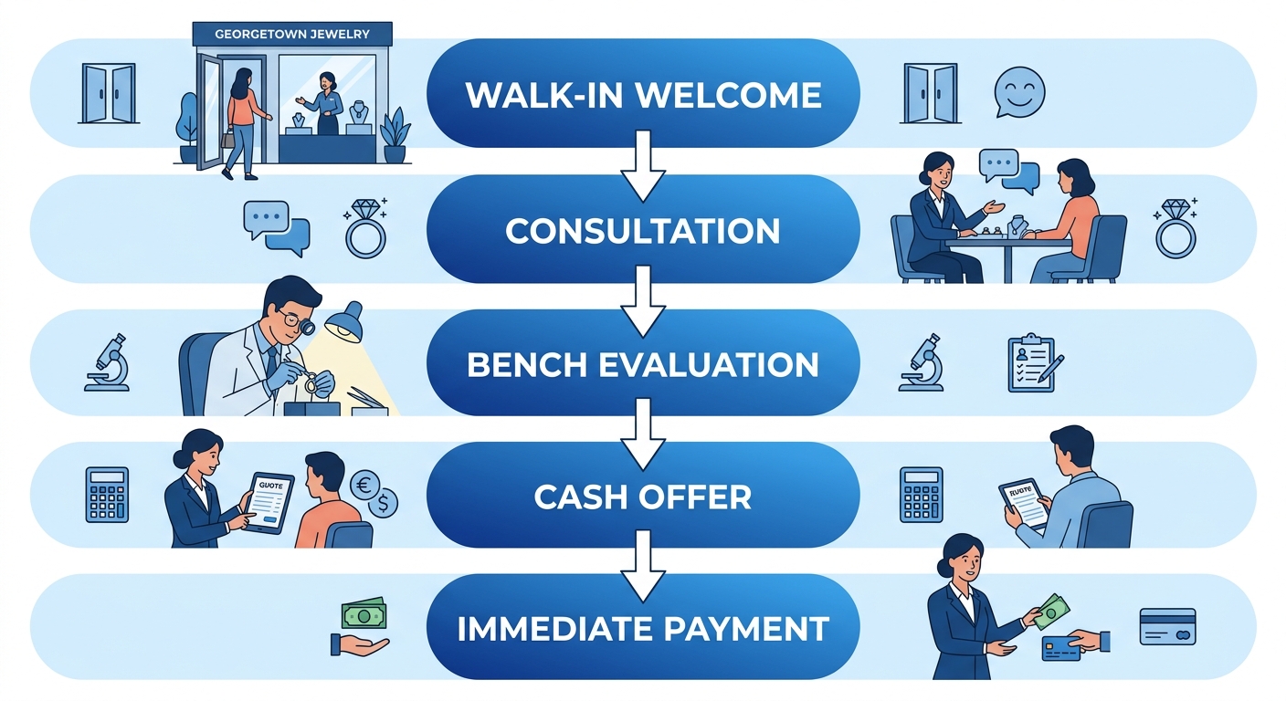 Vertical process flow showing the selling process at Georgetown Jewelry: Walk-in Welcome, Consultation, Bench Evaluation, Cash Offer, and Immediate Payment, with gradient blue arrows connecting each step.