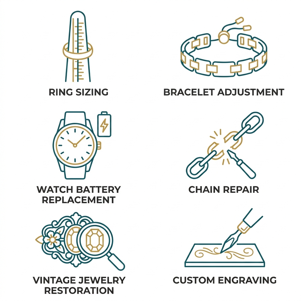 Icon set showing six jewelry and watch repair services in teal and gold on white