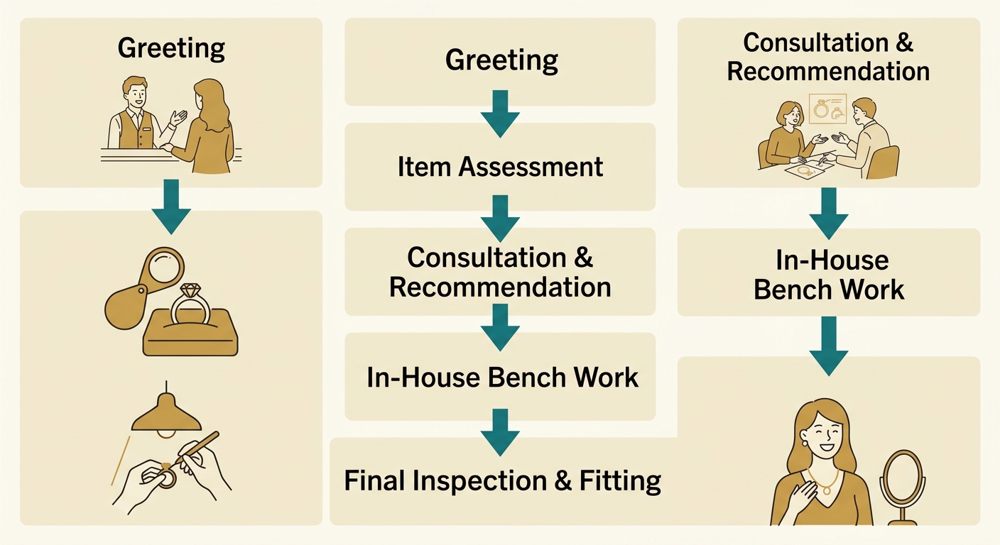 Vertical process flow diagram of the in-store visit experience at Georgetown Jewelry.