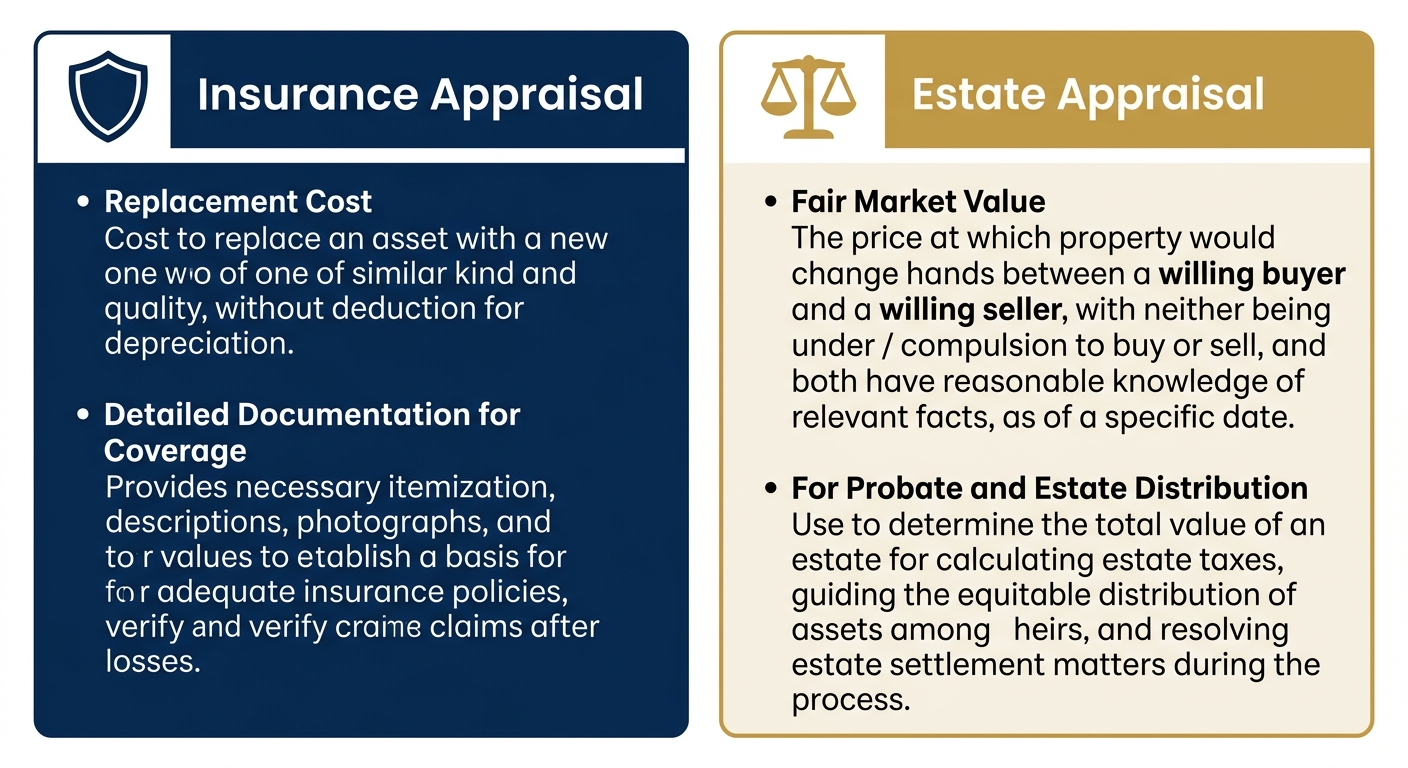 Infographic comparing insurance and estate appraisal types for jewelry
