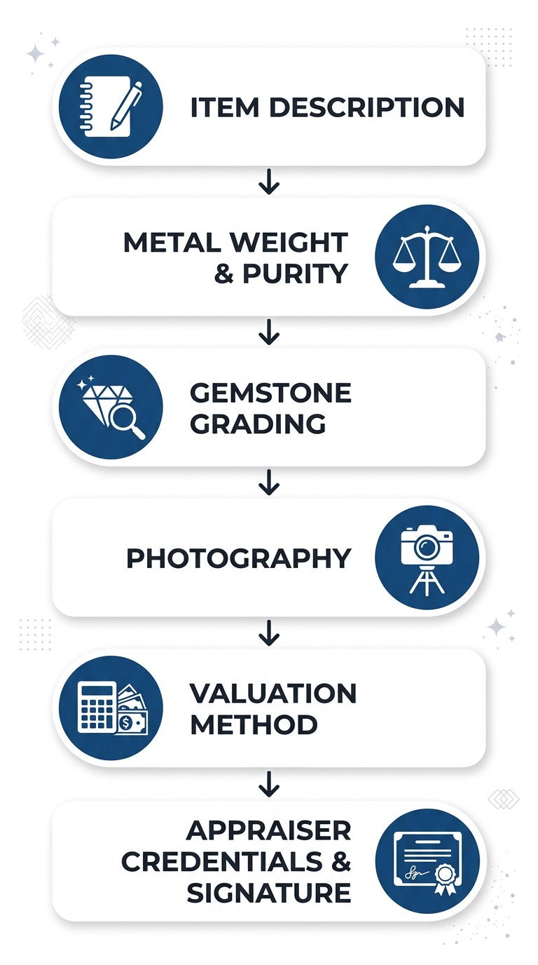 Six-stage jewelry appraisal process flow showing item description, metal weight and purity, gemstone grading, photography, valuation method, and appraiser credentials and signature connected by downward arrows