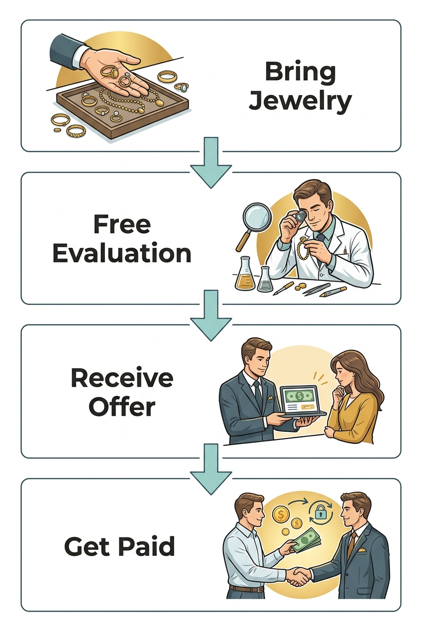 Illustration of four-step gold buying process with gold icons on white background.