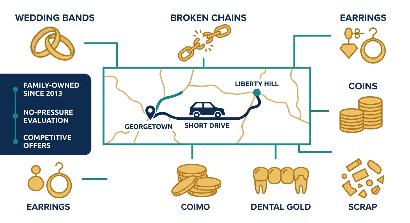 Infographic showing six types of gold items commonly sold at a local family-owned jewelry store in Liberty Hill, Texas, with a map linking Georgetown and Liberty Hill and three side panel highlights.