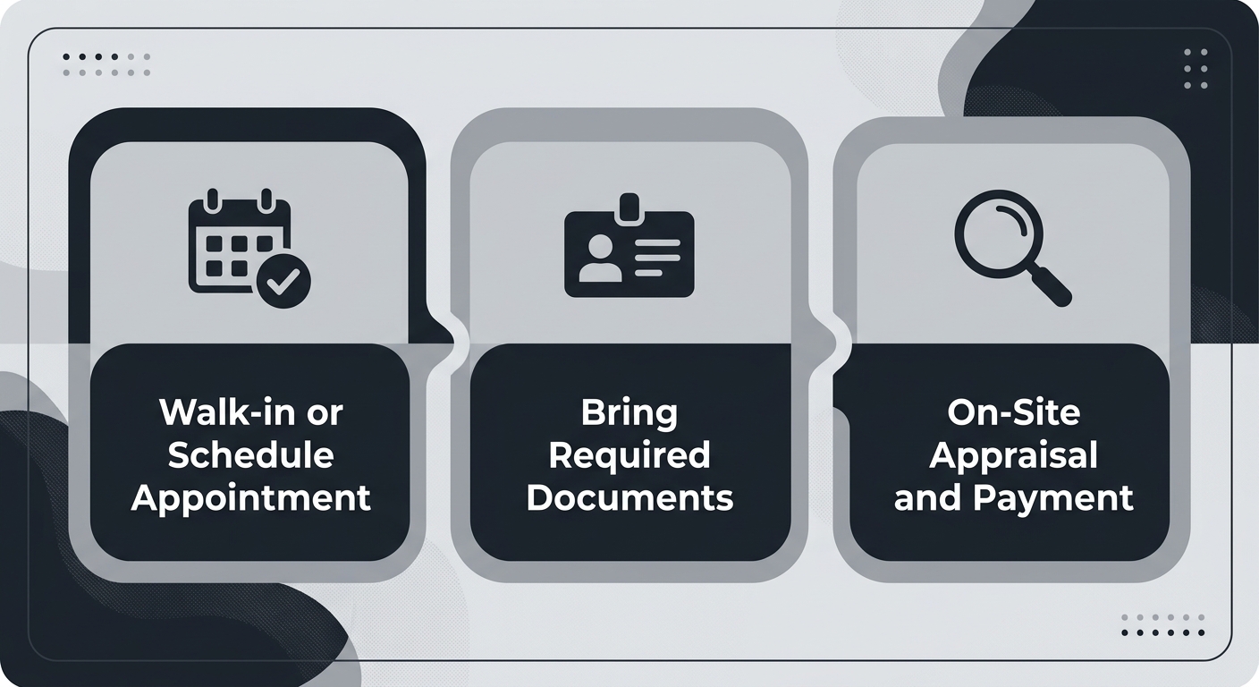 Three-step process flow for selling valuables at Georgetown Jewelry: walk-in or schedule appointment, bring required documents, on-site appraisal and payment.