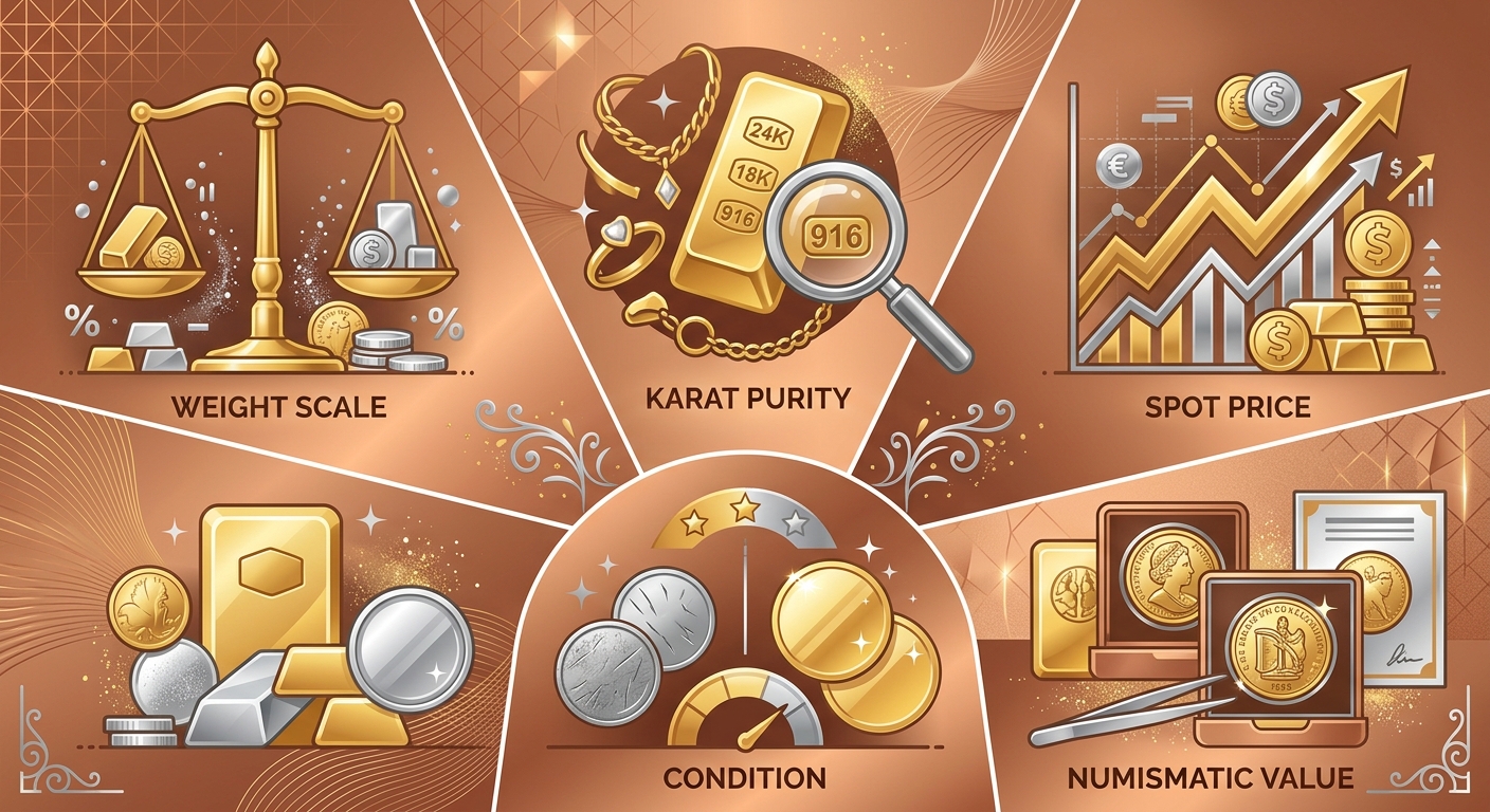 Infographic illustrating five key factors that determine gold and silver value including weight, purity, spot price, condition, and numismatic worth.