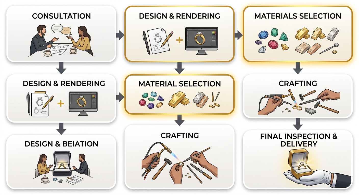Vertical process flow with 5 stages for custom jewelry design at Georgetown Jewelry: consultation, design rendering, material selection, crafting, final inspection and delivery.