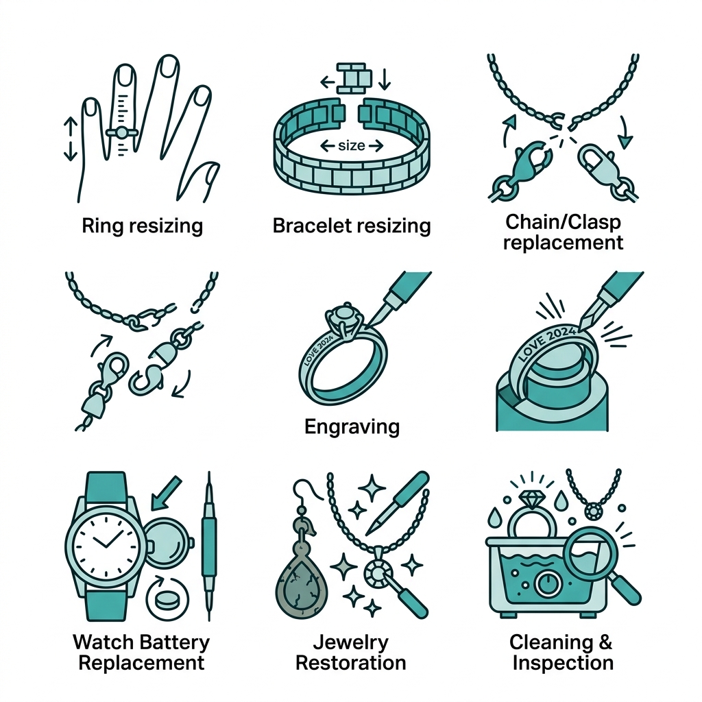Icon set showing seven jewelry post-purchase services: ring resizing, bracelet resizing, chain/clasp replacement, engraving, watch battery replacement, jewelry restoration, and cleaning and inspection, arranged in a 2x4 grid with one empty cell