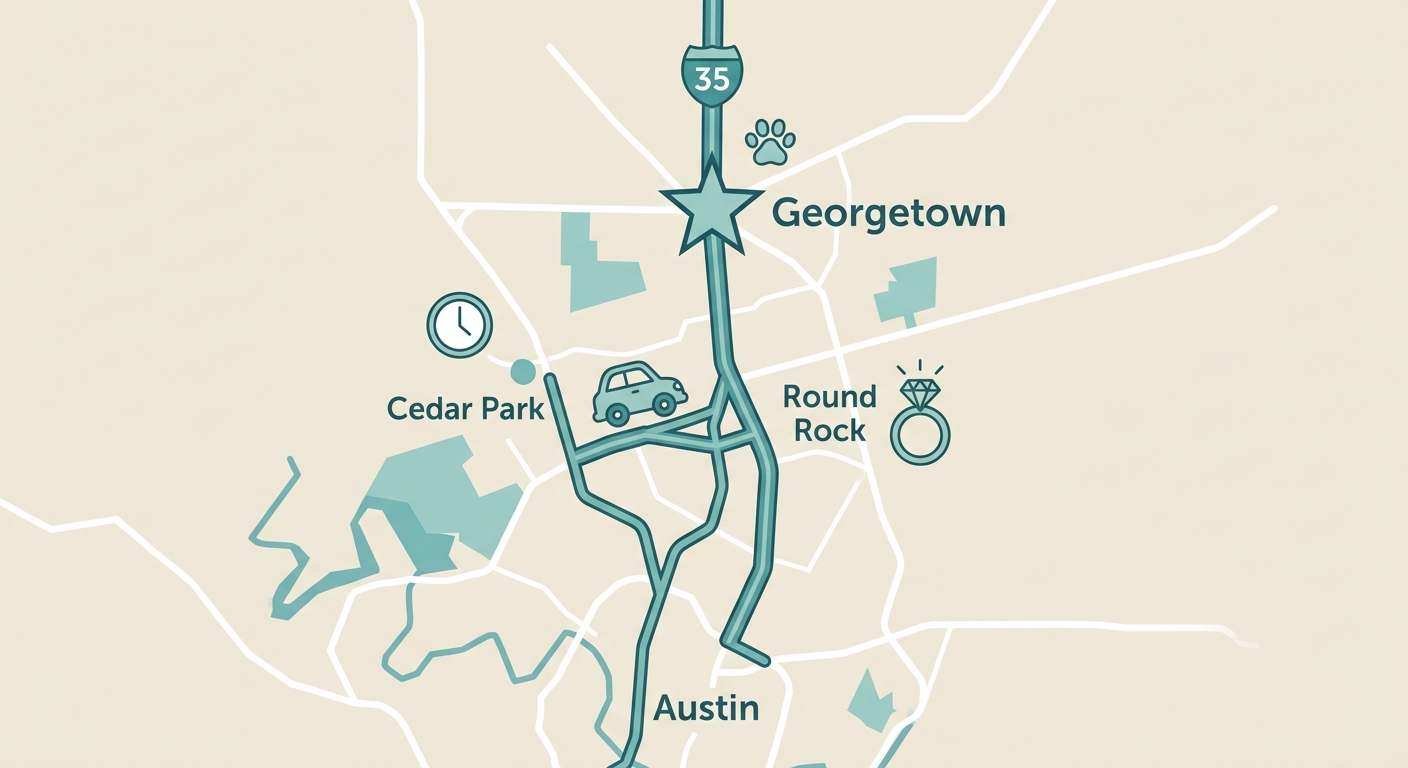 Map infographic showing Georgetown, Texas as a central star connected to Austin, Round Rock, and Cedar Park via I-35 corridor with friendly icons