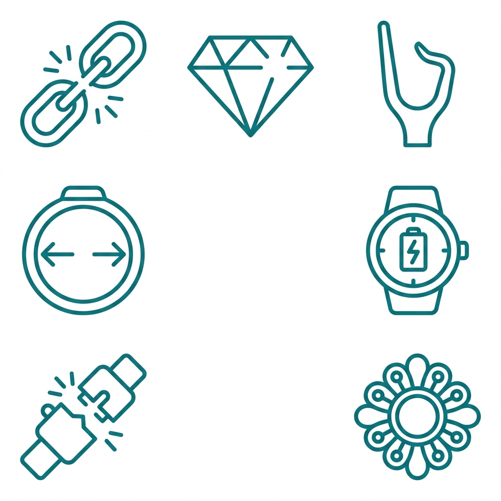 Icons for common jewelry emergencies: broken chain, loose stone, bent prong, ring resizing, watch battery, clasp failure, heirloom restoration, teal outlines on white