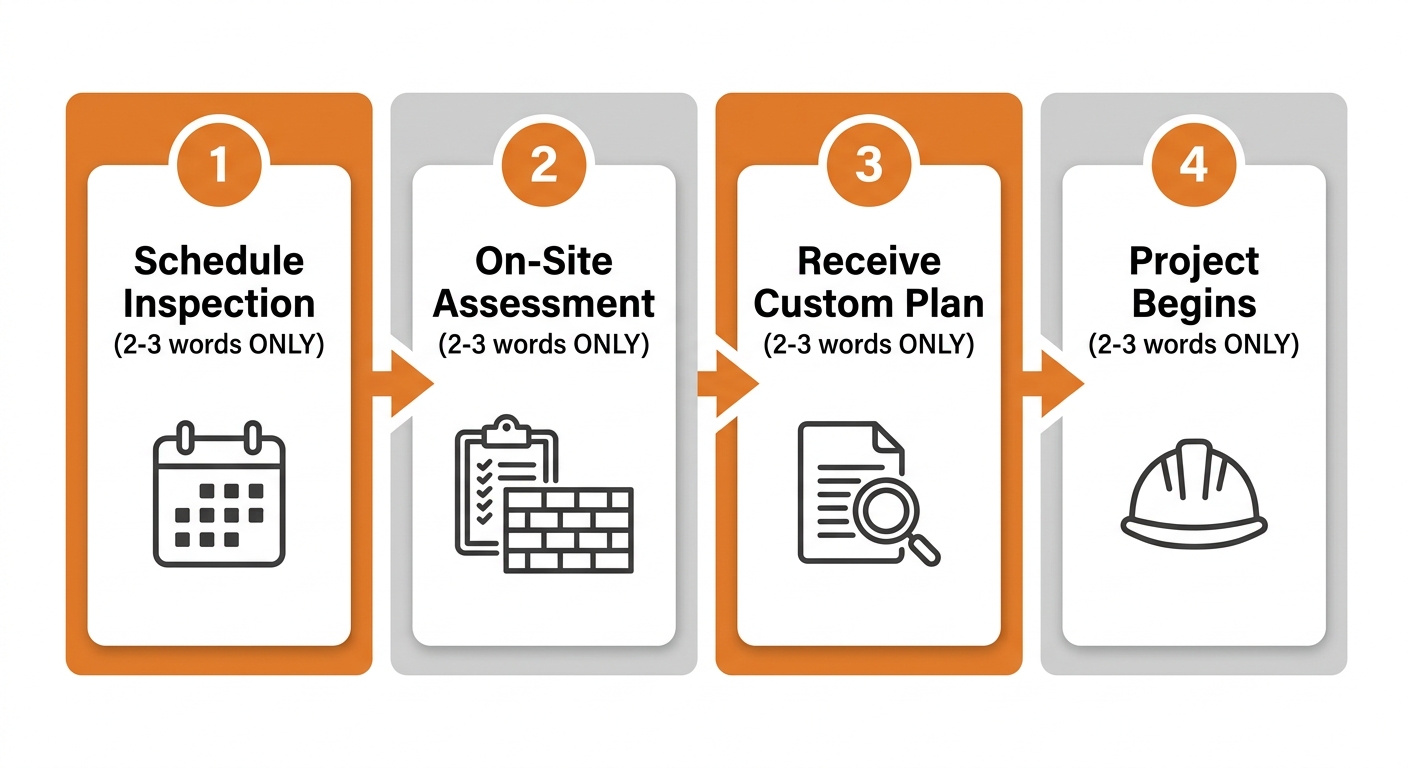 Four-step horizontal process flow for starting a brick repair project with B&G Tuckpointing