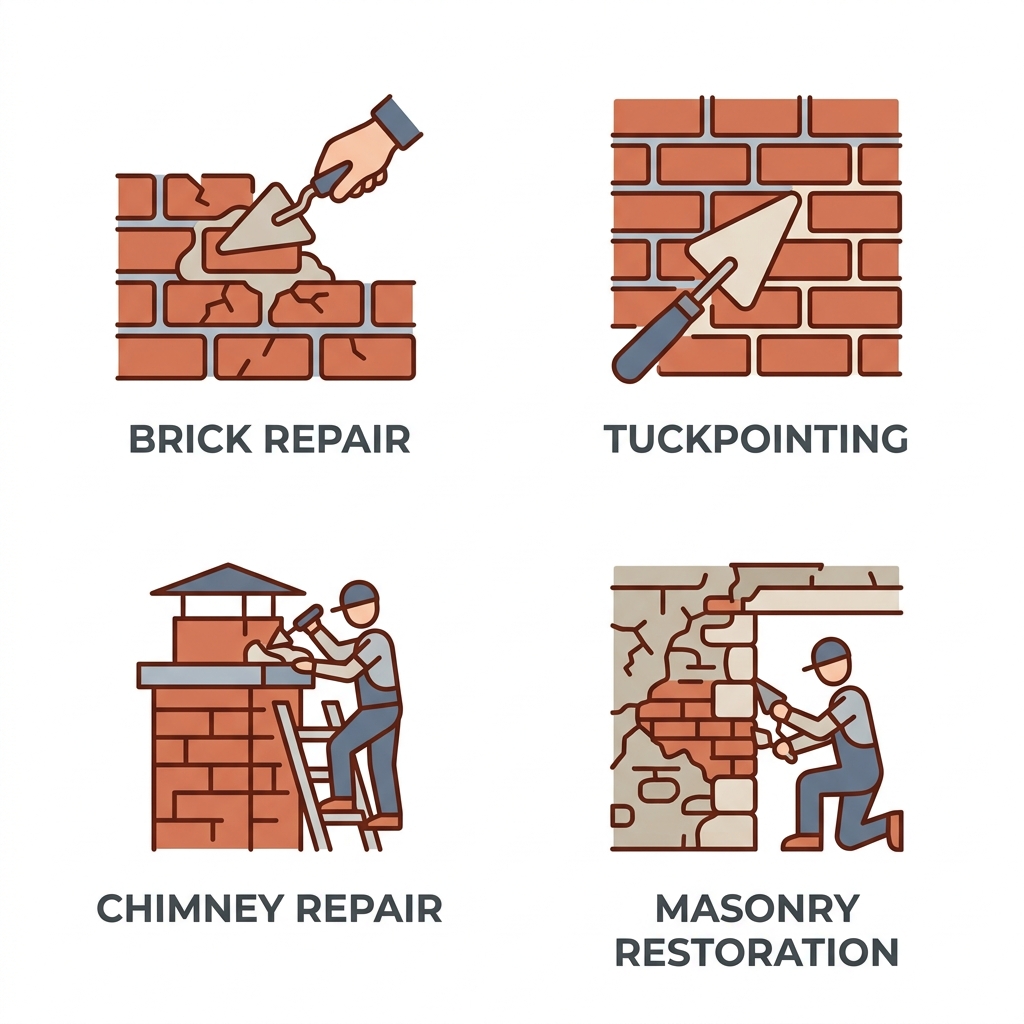 Grid of four stylized icons: brick repair with trowel and brick, tuckpointing with joint tool, chimney repair with chimney and smoke, masonry restoration with shield and hammer, each labeled in clean sans-serif font