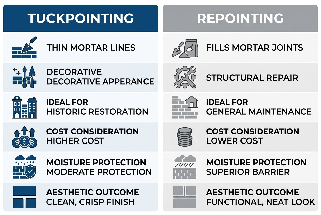 Infographic comparing tuckpointing and repointing with six aspects: technique, purpose, ideal use, cost, moisture protection, and aesthetic outcome