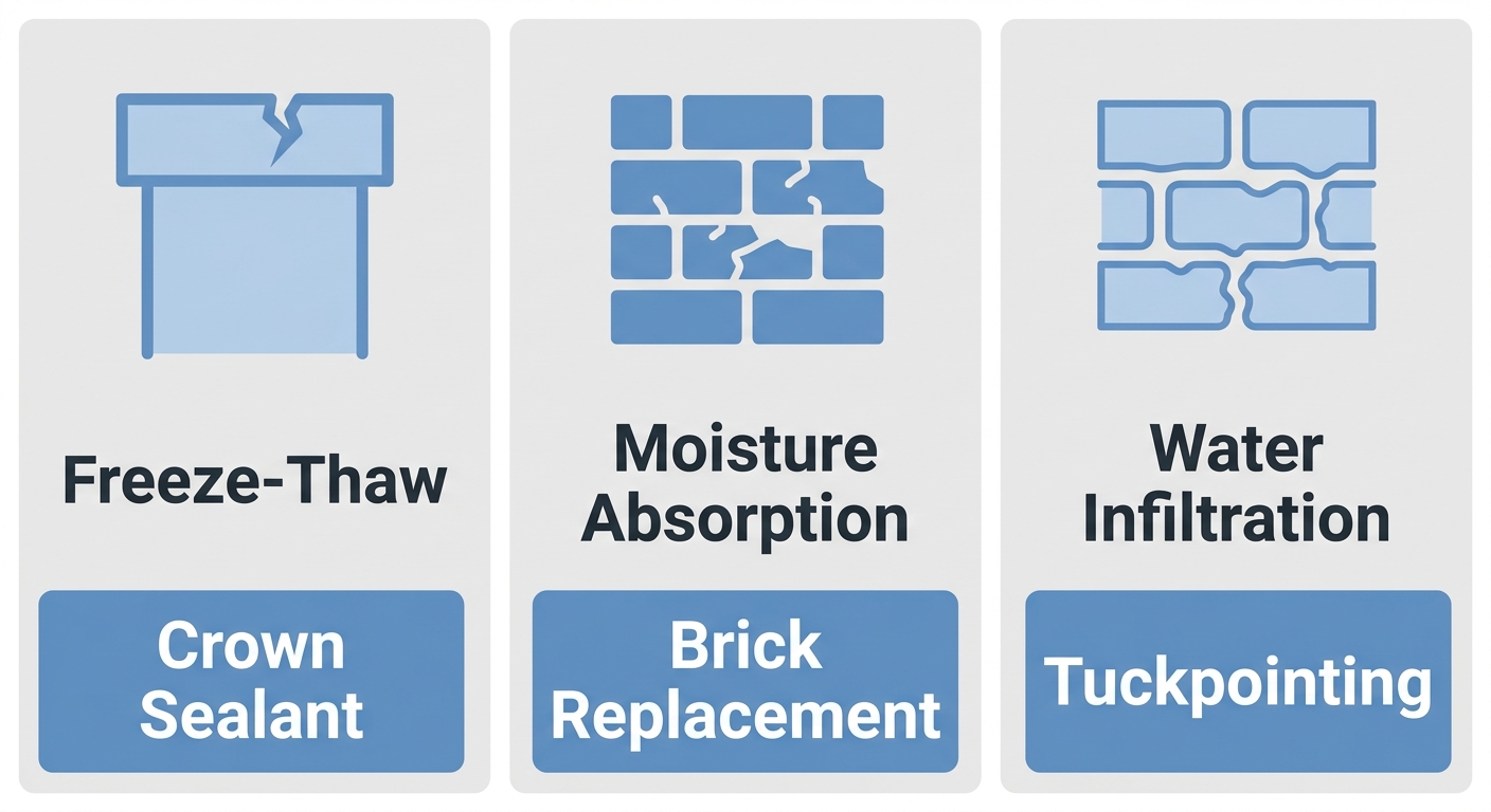 Infographic comparing three common St. Louis chimney issues: cracked crown, spalling bricks, and deteriorated mortar joints, with repair recommendations