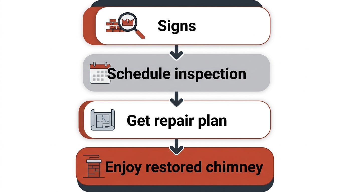 Vertical process flow diagram showing four steps for chimney repair: Look for signs, Schedule inspection, Get a repair plan, and Enjoy a restored chimney, with icons and a warm brick red and gray professional color palette.