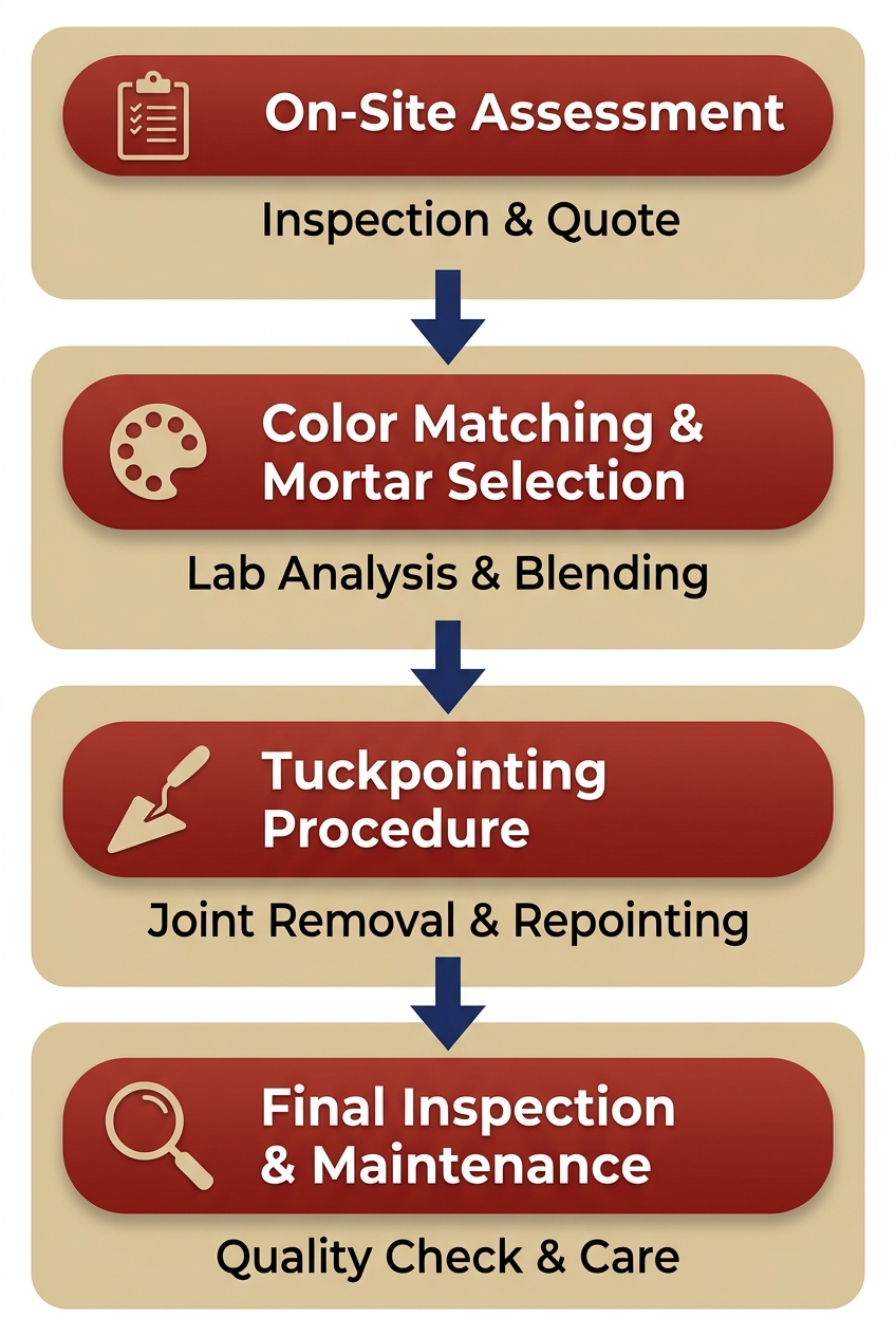 Four-step vertical process flow for professional tuckpointing services: On-Site Assessment, Color Matching & Mortar Selection, Tuckpointing Procedure, and Final Inspection & Maintenance