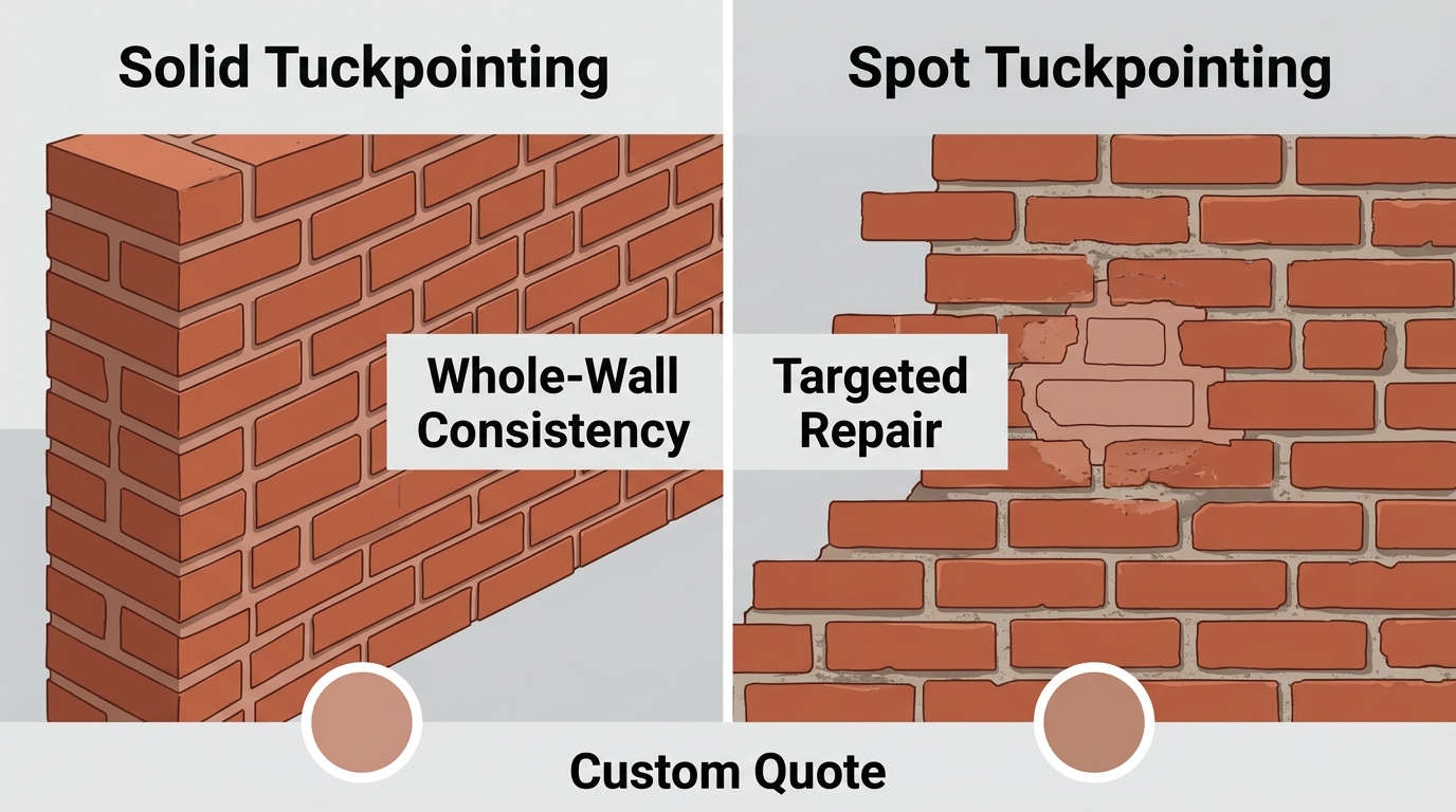 Split-view infographic comparing solid tuckpointing on a full wall with consistent color on the left and spot tuckpointing for targeted repair with precise color matching on the right, featuring brick texture backgrounds and mortar swatches.