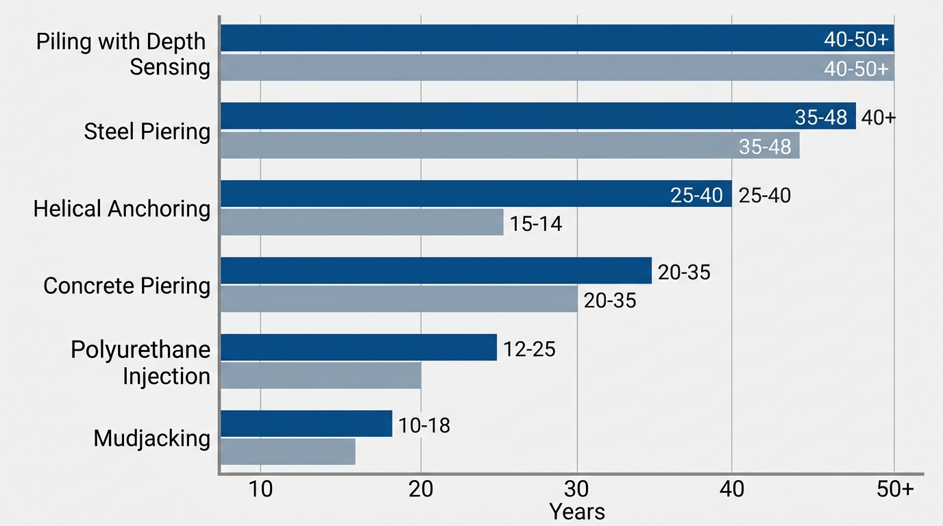Horizontal bar chart comparing longevity ranges of six foundation repair methods for St. Louis homes