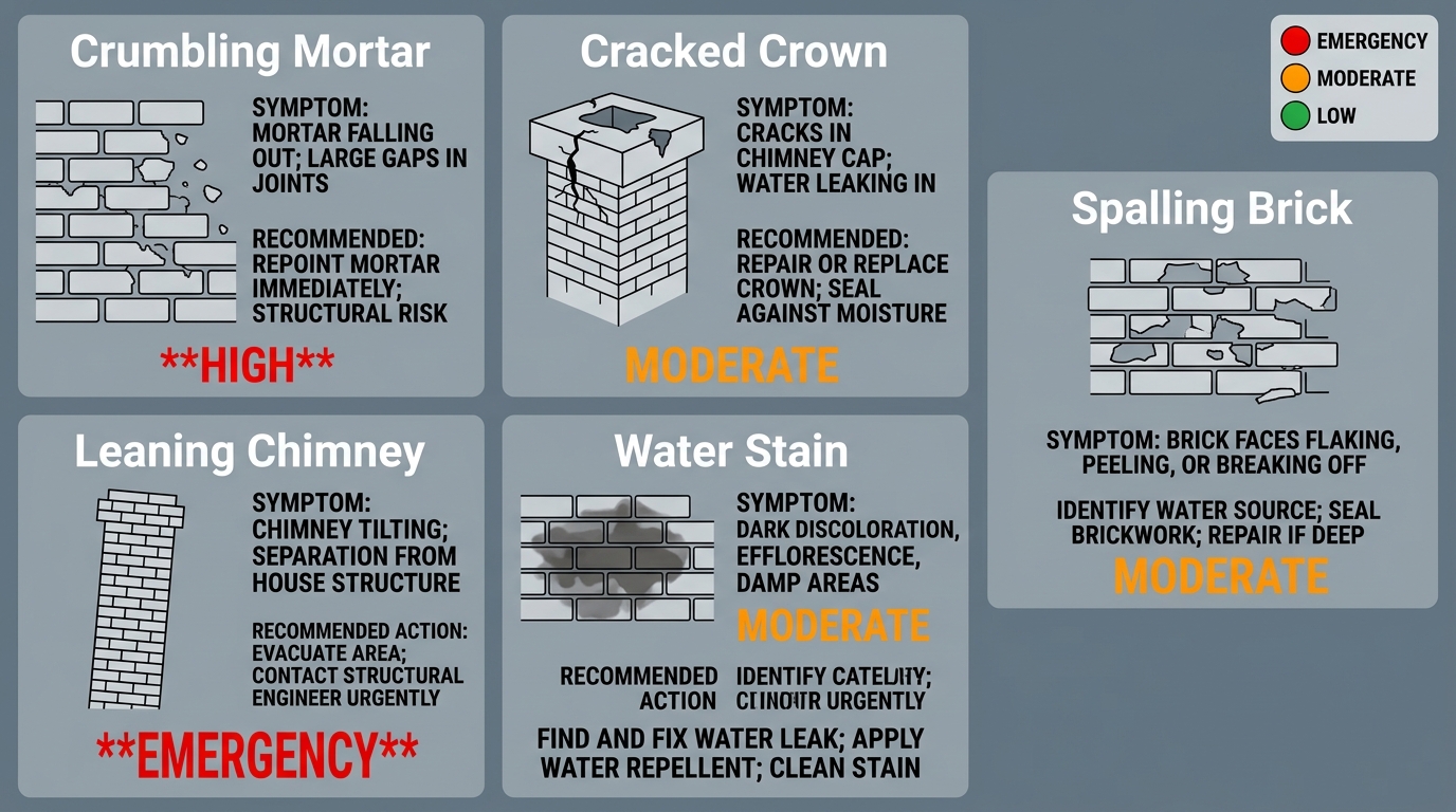 Visual severity guide for masonry damage showing five common issues in a grid