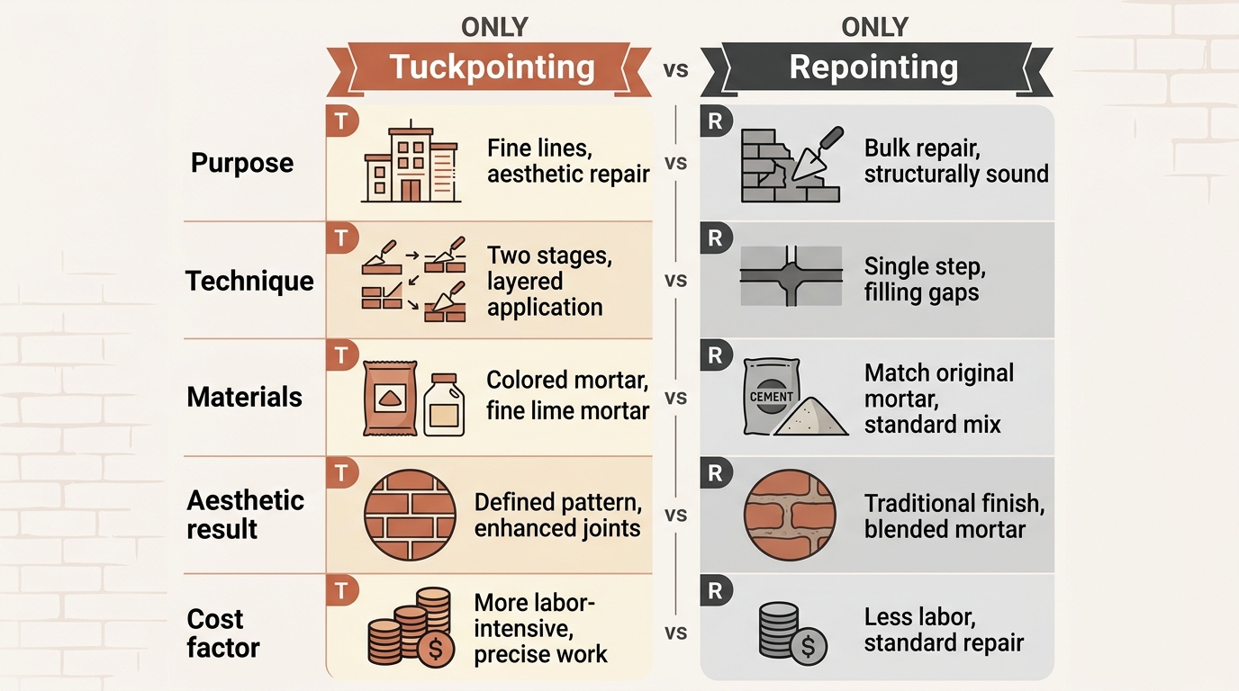 Comparison infographic showing the difference between tuckpointing and repointing for masonry mortar repair