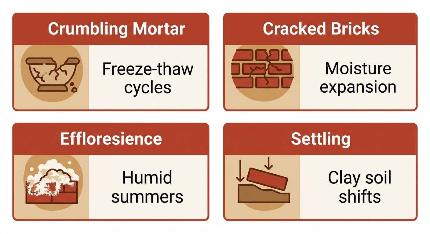 2x2 infographic grid showing four common St. Louis brick issues: crumbling mortar from freeze-thaw cycles, cracked bricks from moisture expansion, efflorescence from humid summers, and settling from clay soil shifts, in brick red and earth tones.
