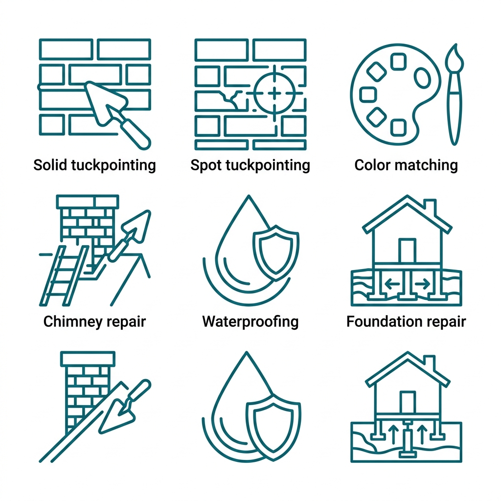 Icon grid showing six tuckpointing services: solid tuckpointing, spot tuckpointing, color matching, chimney repair, waterproofing, and foundation repair