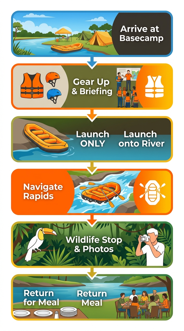 Six-step vertical process flow showing a Samana River Canyon day trip: arrive at basecamp, gear up and safety briefing, launch onto river, navigate Class III-IV rapids, stop for wildlife viewing and photos, return to basecamp for meal
