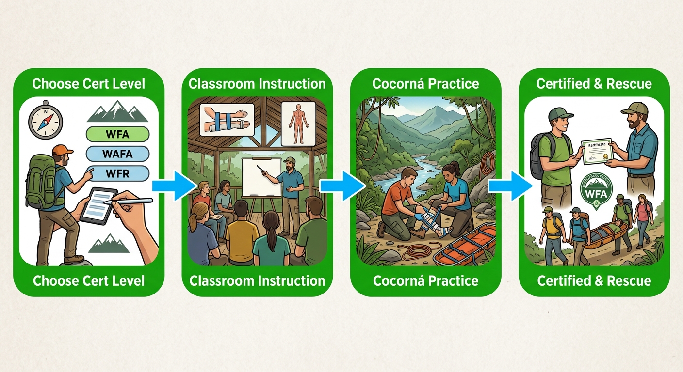 Horizontal process flow showing four steps for wilderness medical training at Freak’n Creek’n in Colombia