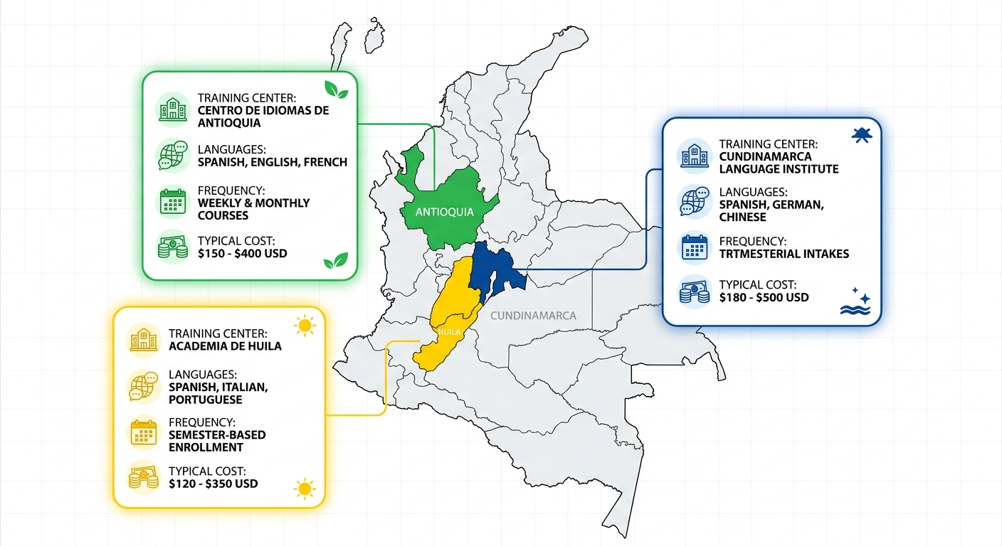 Color-coded infographic map of Colombia highlighting three regions: Antioquia in green, Huila in yellow, Cundinamarca in blue. Each region features a pop-up card with training center name, languages, typical cost range, and course frequency. Icons for language, calendar, and currency. Clean professional layout on a white background with a subtle grid.