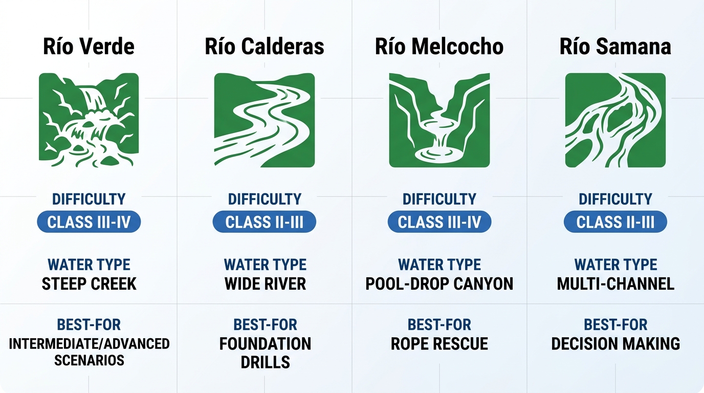 Comparison chart of four Colombian rivers for swiftwater rescue training