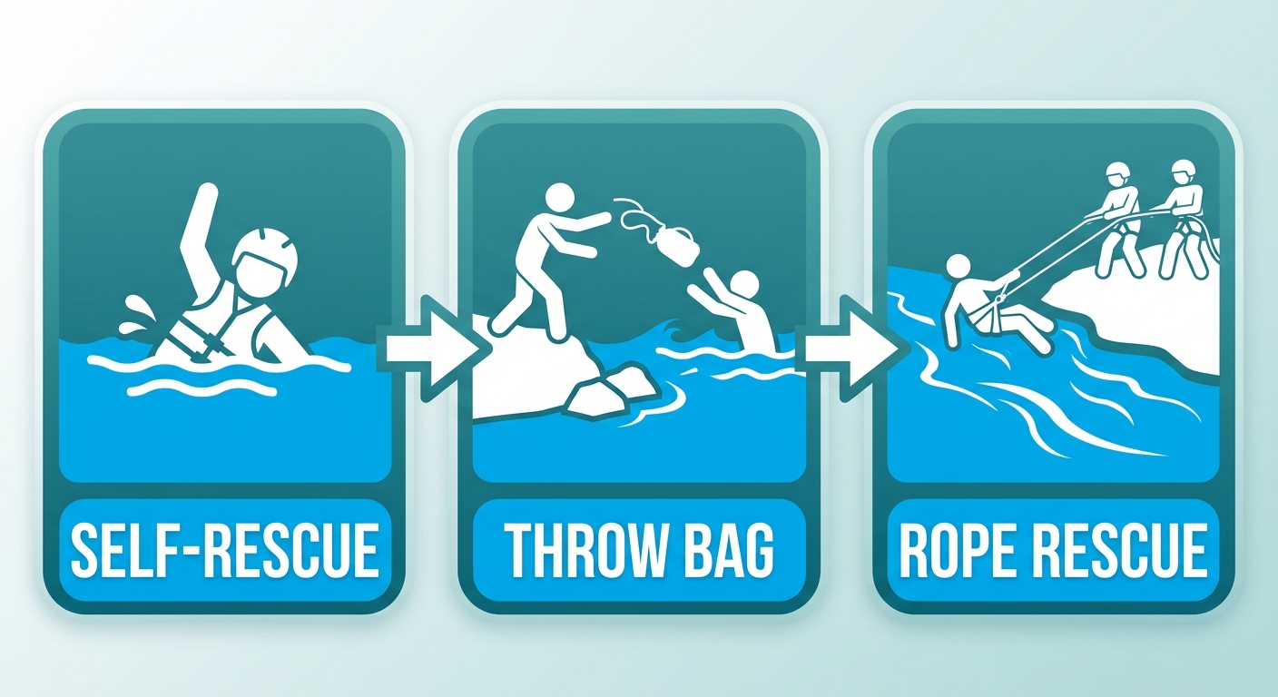 Swiftwater rescue techniques: self-rescue, throw bag, rope rescue. Three rounded rectangles with white icons on blue-teal gradient.