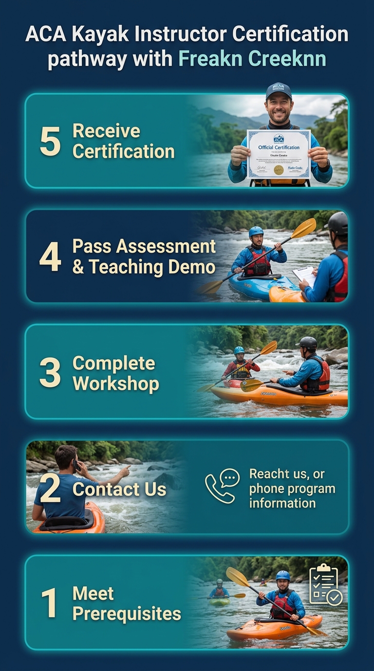 Five-step vertical process flow for ACA Kayak Instructor Certification with Freak'n Creek'n, showing prerequisites, contact, workshop, assessment, and certification stages.