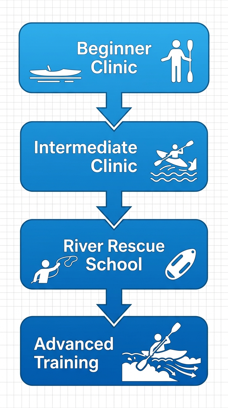 Process flow diagram for kayaking skills clinics at Freak'n Creek'n showing four stages from beginner to advanced