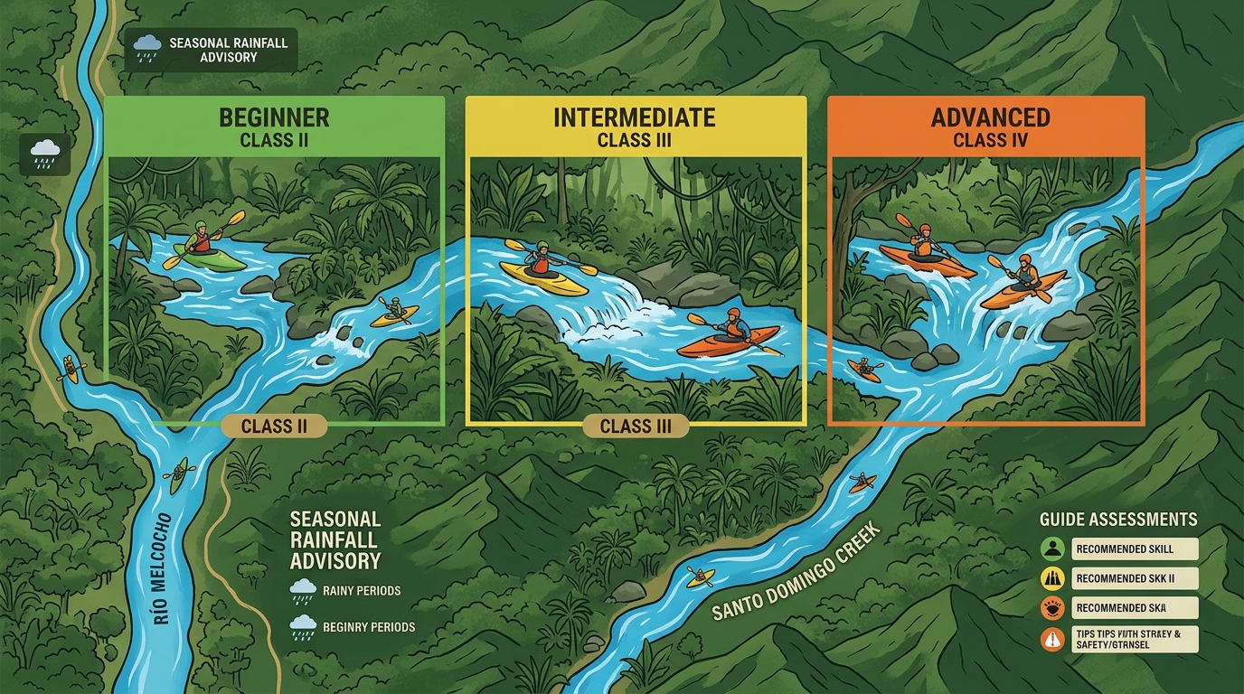 Infographic of the Cocorná river landscape for kayaking, showing Río Melcocho and Santo Domingo creek with color-coded difficulty segments for Class II, III and IV rapids.