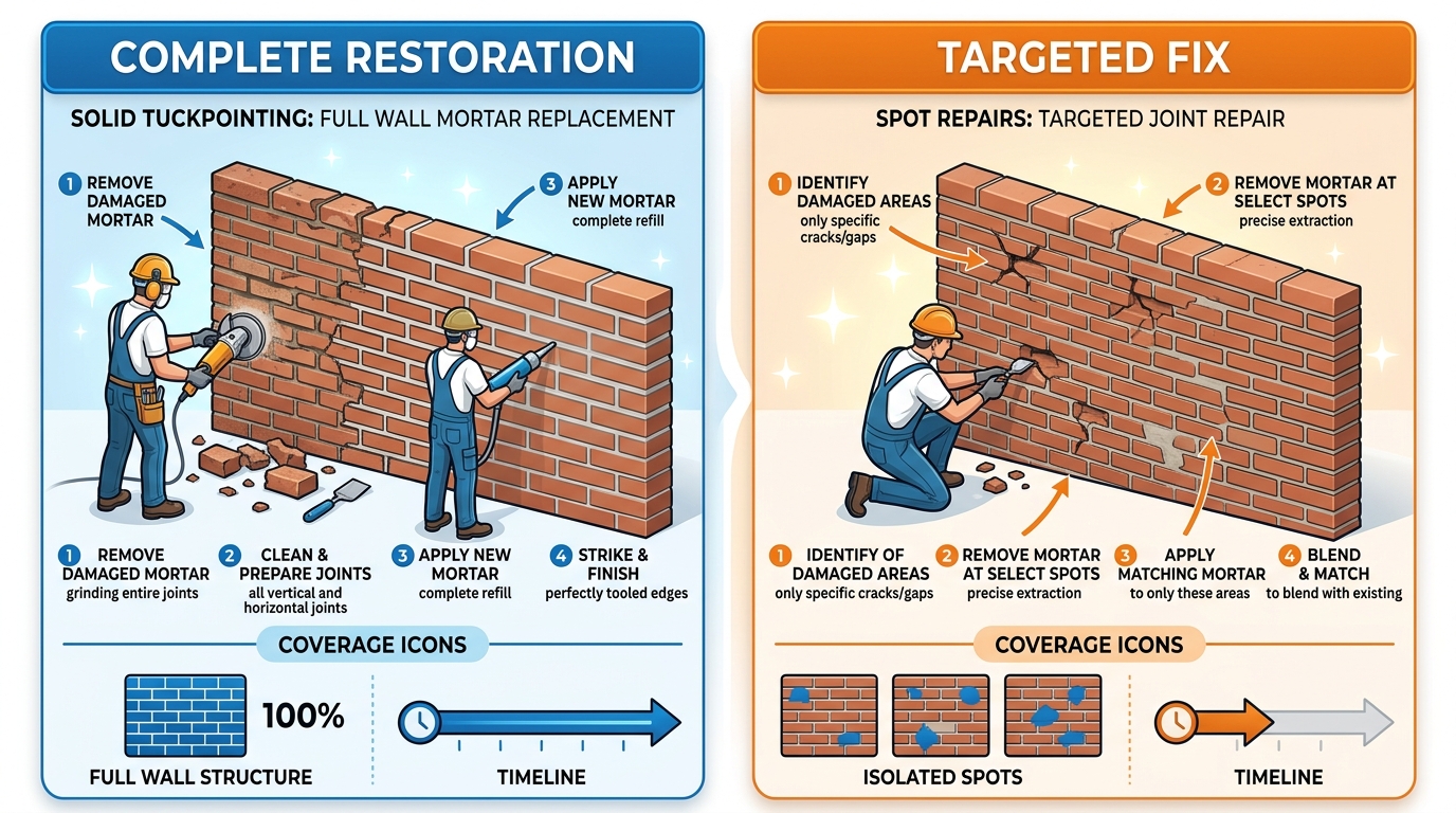 Side-by-side comparison infographic of solid tuckpointing and spot repairs for masonry restoration