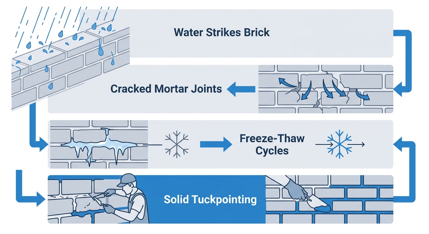 Four-stage vertical process flow showing water damage prevention through tuckpointing: water strikes brick, cracked mortar joints, freeze-thaw cycles, solid tuckpointing replacement