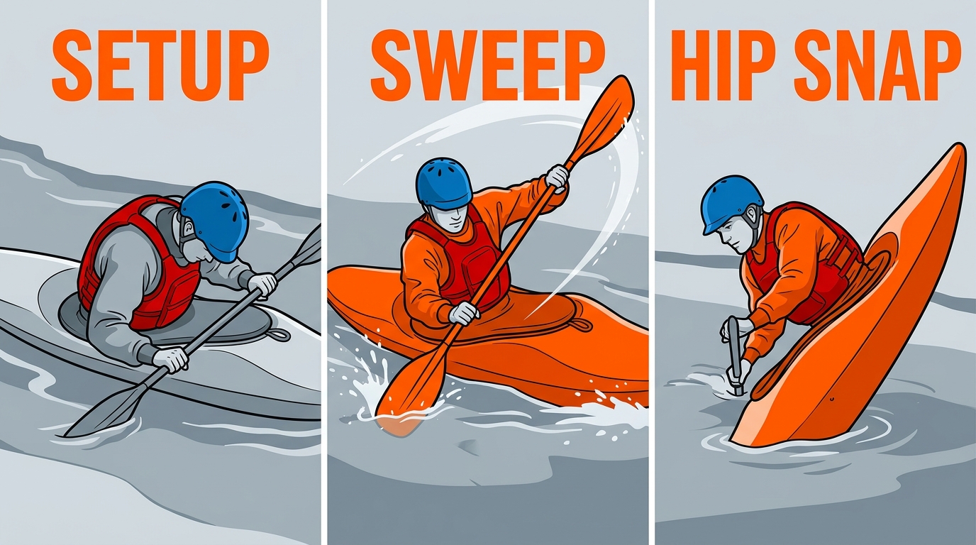 Three-step sweep roll technique process flow showing Setup, Sweep, and Hip Snap stages