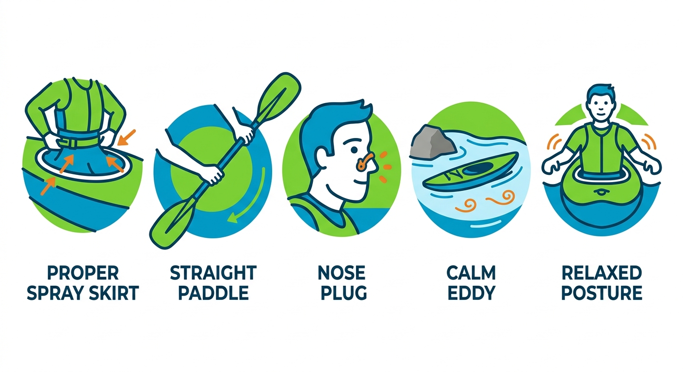 Infographic checklist of five essential preparations for kayak roll practice including properly fitted spray skirt, straight-shaft paddle, nose plug, calm pool or slow-moving eddy, and relaxed body posture, each shown with an icon and label.
